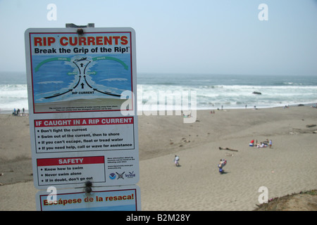Rip currents warning sign at the beach. Stock Photo