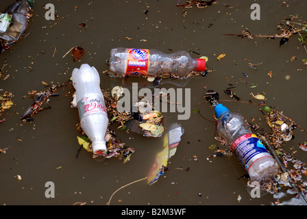 Rubbish floating in canal UK Stock Photo