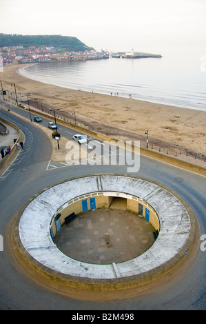 Elevated view of South bay roundabout sometimes referred to as The Aquarium Top and underground subway, Scarborough seen against a grey sky. Stock Photo