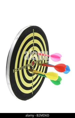 Dart Board with Darts on White Background Stock Photo