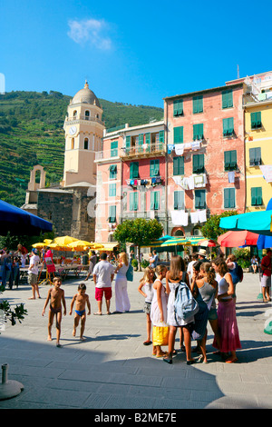 Square of Vernazza, Cinque Terre, Liturgia, Italy. Stock Photo