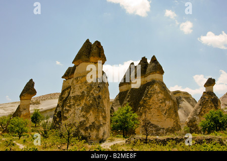 A fairy chimney is a conical rock formation, typically found in the Cappadocia region of Turkey. Stock Photo