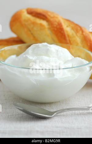 Fresh yogurt served in a clear glass bowl Stock Photo