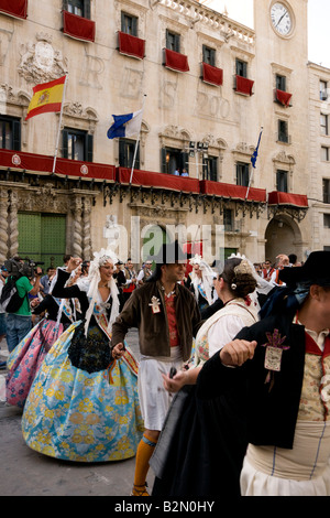 Costa Blanca Spain dancers in the Fogueres de San Juan midsummer fiesta Alicante local Valencian folk dance Stock Photo