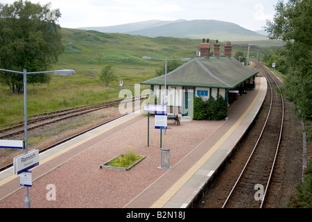 Rannoch railway station platform and sign,  on Rannoch moor in Perth and Kinross, Scotland, UK Stock Photo