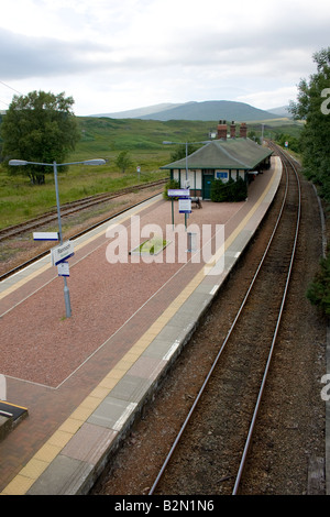Rannoch railway station platform and sign,  on Rannoch moor in Perth and Kinross, Scotland, UK Stock Photo