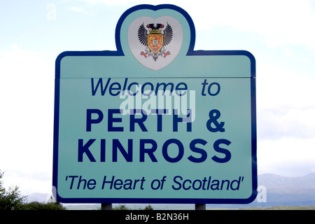 Road sign that says, Welcome to Perth and Kinross, the heart of Scotland. Stock Photo