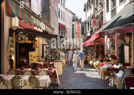 Restaurants on Rue des Bouchers in the historic city centre, Brussels, Belgium Stock Photo