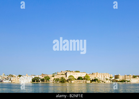 A Wide angle view of the City Palace complex from across Lake Pichola. Stock Photo