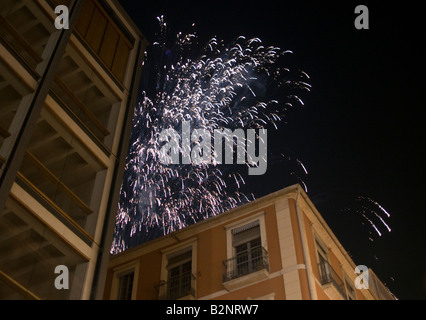 Costa Blanca Spain Alicante city buildings with fireworks in night sky Stock Photo