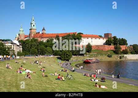 Poland Malopolska Region Krakow Royal Wawel Castle Cathedral Hill beside Vistula River Stock Photo