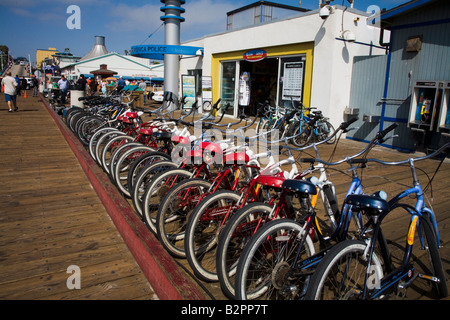 Bicycles lined up on the Santa Monica Pier Santa Monica Los Angeles County California United States of America Stock Photo