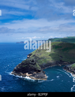 Penally Point and the entrance to Boscastle Harbour on the North Atlantic coast of Cornwall viewed from Willapark, Boscastle, Cornwall, England