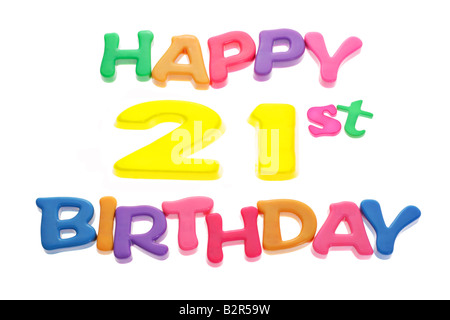 Happy 21st Birthday letter blocks arranged on white background Stock Photo