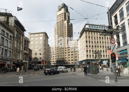 Meir shopping street with the KBC builing the most prominent in the background.  Antwerp, Flanders, Belgium Stock Photo