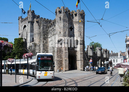 Tram in front of Het Gravensteen castle from St Veerleplein, Ghent, Belgium Stock Photo