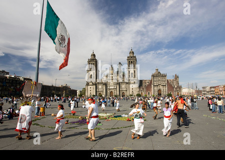 Aztec dances recreated under the Mexican Flag in the Zocalo main square of Mexico City Stock Photo