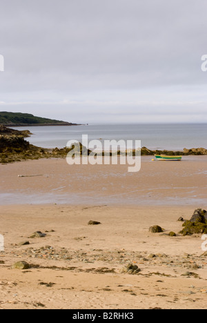 Green and Yellow Rowing Boat Moored on Sandy Beach at Carrick Islands of Fleet Wigtown Bay Dumfries and Galloway Scotland UK Stock Photo