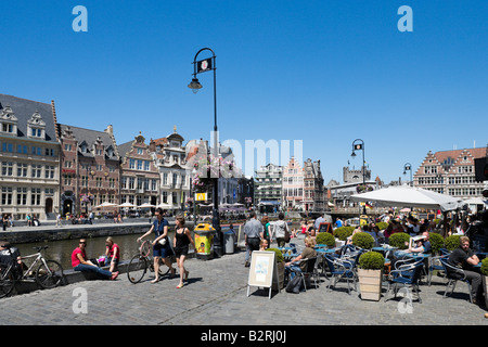 Cafe on the Graslei with merchants houses on the Korenlei behind, Ghent, Belgium Stock Photo