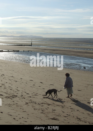 woman walking dog on beach in rhyl north wales Stock Photo