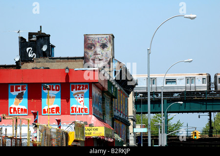 view of the block at coney island amusement park where the freak show and bar and pizzaria are located Stock Photo