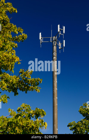 Cell phone communications tower among trees against a blue sky Stock Photo
