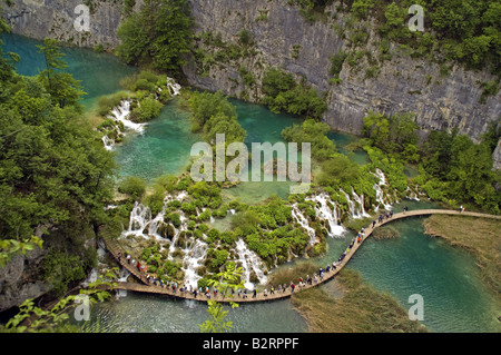 Plitvice Lakes National Park waterfalls in canyon at northern lower end of park with visitors boardwalk Stock Photo