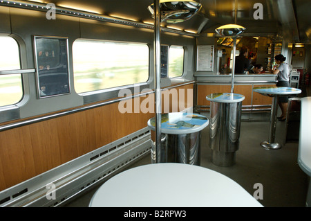 The interior of the buffet car on the Eurostar train Stock Photo