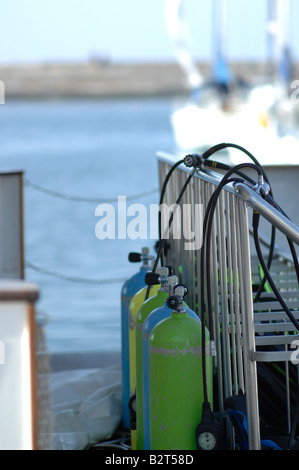 Diving oxygen tanks on a yacht in Crete Stock Photo