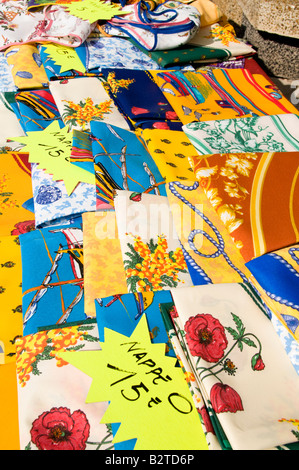 Colourful tablecloths in South France Stock Photo