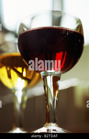 Red wine and white wine in glasses, low angle view Stock Photo