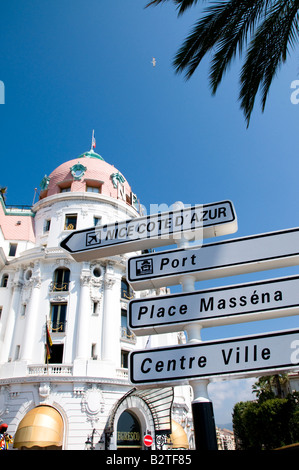 Hotel Negresco and road signs, Promenade des Anglais, Nice, Cote, d'Azur, France Stock Photo