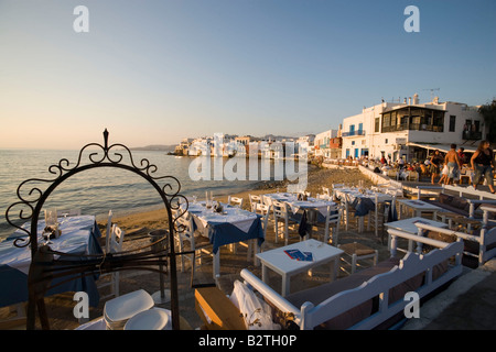 Restaurants and bars directly at sea, Little Venice, Mykonos-Town, Mykonos, Greece Stock Photo