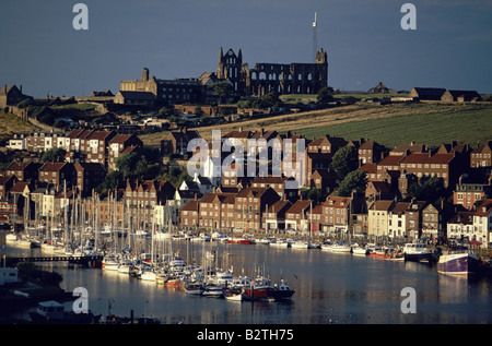 View of Whitby Abbey and Harbour, the landing place of Bram Stoker's Dracula, Yorkshire Stock Photo