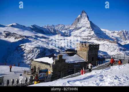 View to Gornergrat station near Kulmhotel, the highest hotel in the Swiss Alps (3100 m) at Gornergrat, Matterhorn (4478 m) in ba Stock Photo