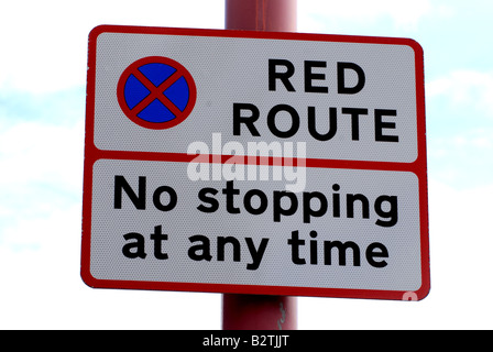 Red Route No stopping at any time sign, UK Stock Photo