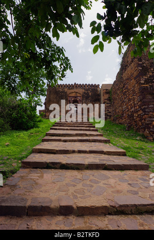 A stairs towards 32 Pillars chatri Historic building on the top of Ranthambhore fort, Rajasthan India. Stock Photo