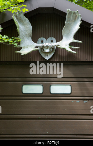 Moose antlers mounted over garage door Stock Photo