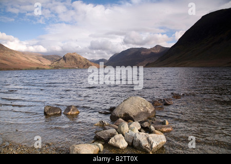 View of Crummock Water from North Western Shore Rannerdale Knotts in distance Lake District National Park Cumbria Stock Photo