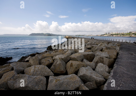 The Pier at Mountbatten with Drakes Island and Plymouth Sound in the background Stock Photo