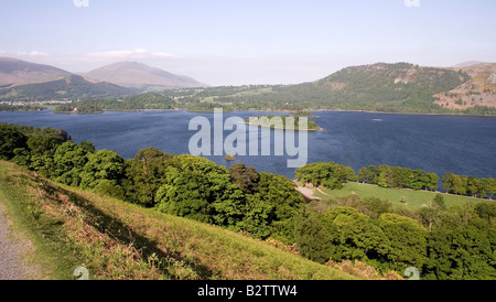 View from Cats Bells Eastern Terrace across Derwent Water with Skiddaw and Blencathra in distance Stock Photo