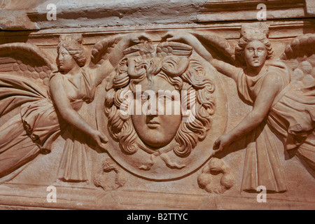 medusa carving on a sarcophagus in antalya museum Stock Photo
