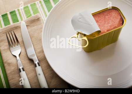 A can of ham on a plate Stock Photo
