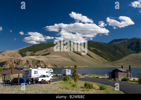 RV camping at the Joe T Fallini BLM campground on Macay Reservoir below the Lost River Range in central Idaho Stock Photo