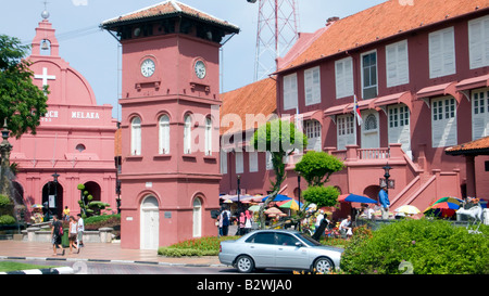 Clock Tower and Dutch colonial Christ Church Dutch Square Malacca Malaysia Stock Photo