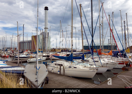 Shoreham Power Station seen through a marina of small yachts in Shoreham Harbour West Sussex Stock Photo