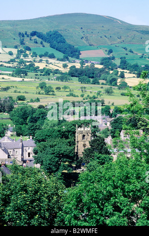 Castleton Hope Valley Derbyshire church village hills Peak District green English lanscape England UK Stock Photo