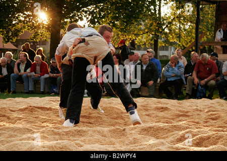 Schwingen contest, a Swiss variant of folk wrestling and national sport, in a rural area near Zurich, Switzerland Stock Photo