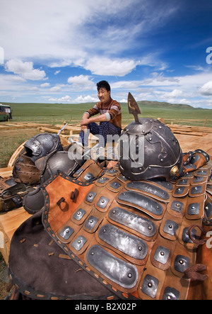 A re enactment of the unification of the Mongolian tribes under Genghis Khan- uniforms spread out for use, Mongolia Stock Photo