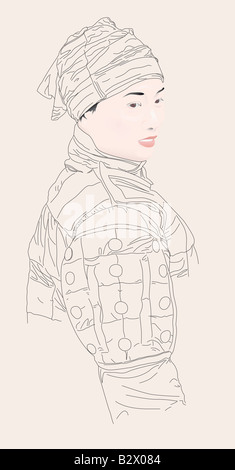 Illustration of a Chinese woman in traditional clothing with basket of ...